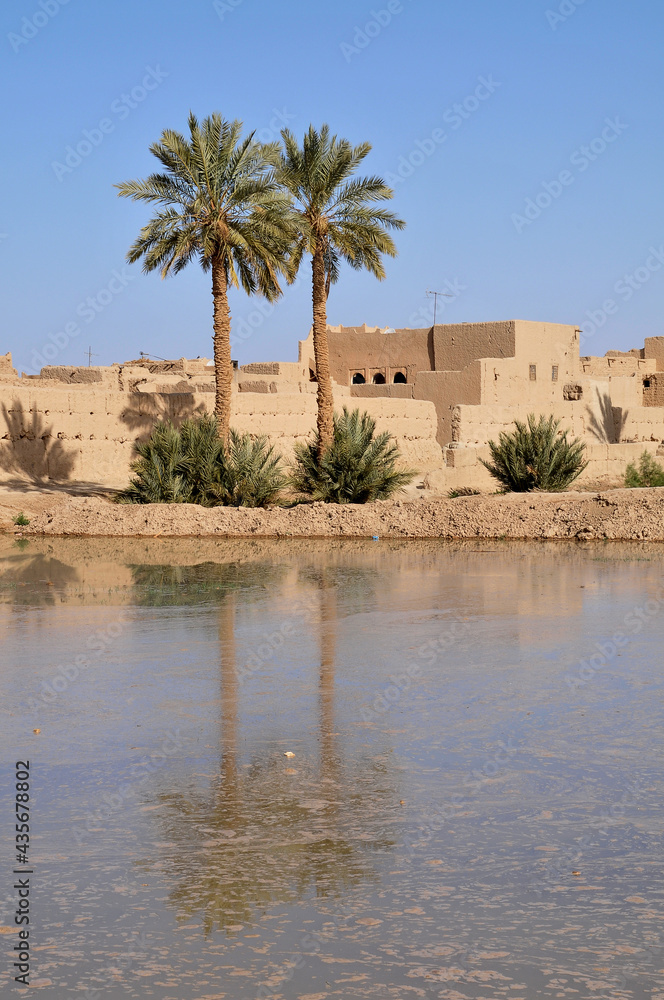 Paisaje con palmeras y casas reflejadas en un estanque en las afueras de Risani en el sur de Marruecos
