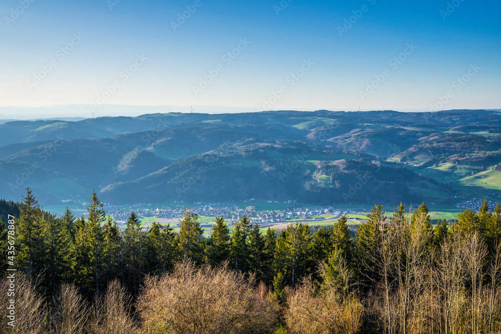 Germany, Panorama view from peak of hoernleberg mountain above mountains and valley elztal with villages oberwinden and niederwinden