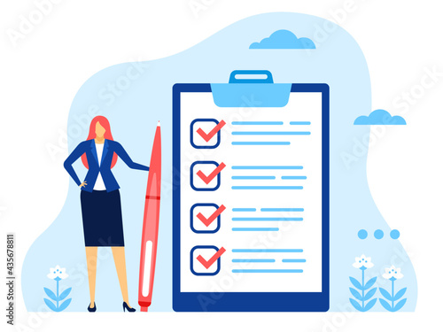 Businesswoman checklist. Successful woman with completed checklist. Business task completion, checkbox questionnaire vector concept. Female worker standing with pen near clipboard with list