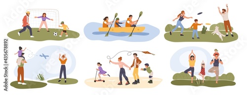 Family activity. Happy parents playing sports games with their children. Healthy family activities, summer outdoor recreation vector set. People playing football, frisbee, roller skating