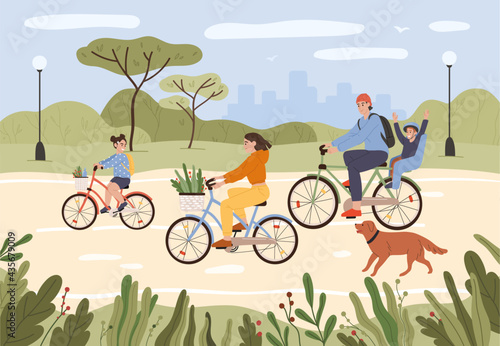 Family on bikes. Parents and kids riding bikes. Active family cycling in city park. Summer outdoor recreation, sports activity vector illustration. People having healthy lifestyle, leisure time
