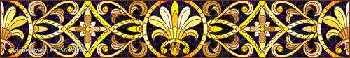Illustration in stained glass style with floral ornament ,imitation gold on dark background with swirls and floral motif