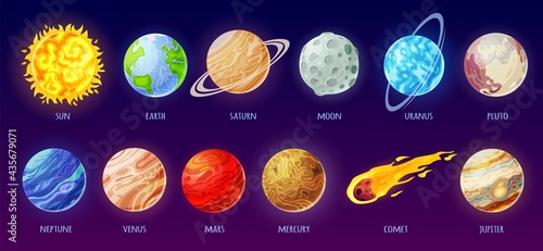 Solar system planet. Cartoon galaxy planets, star, comet, sun, earth, moon, mercury. Universe space astronomy science for kids vector set. Universe space bodies for preschool education