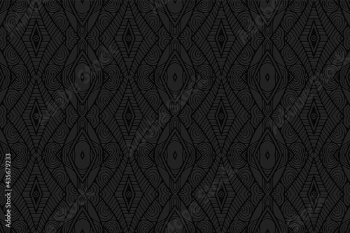 3D volumetric convex embossed geometric black background. Ethnic pattern with the exclusive national color of the peoples of India. Elegant ornament for wallpaper, website, textile, presentation.