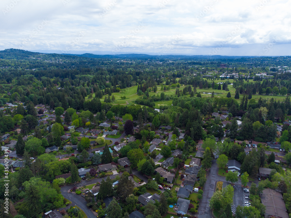 Fototapeta premium In the photo there is a city, a lot of greenery, trees. Small houses. The blue sky is covered with white clouds. Asphalt road. View from above. Aerial photography.