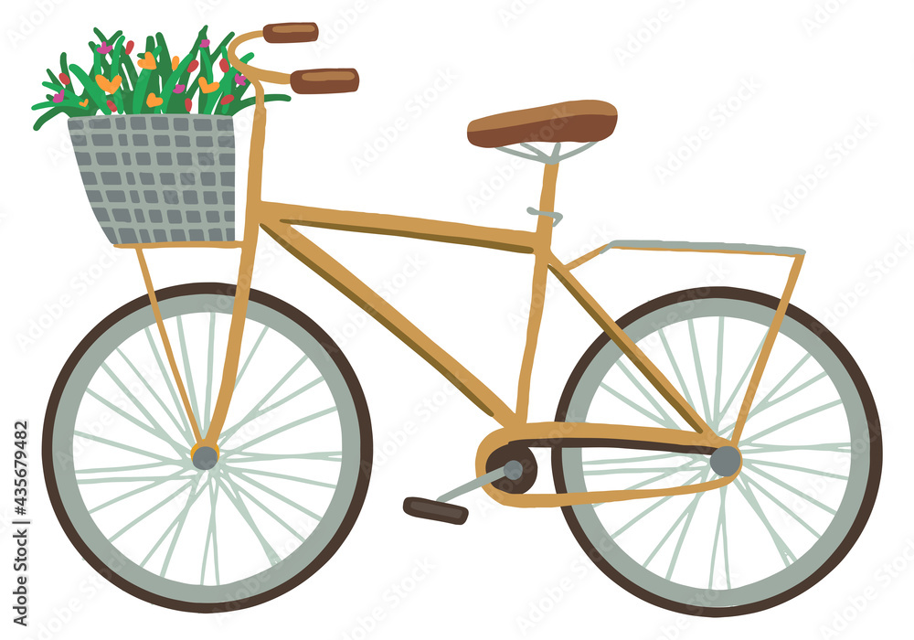 Bicycle with a basket of wildflowers. Hand drawn vector stock illustration. Colored cartoon doodle. Single drawing isolated on white background. Element for design, print, sticker, card, decor, wrap.
