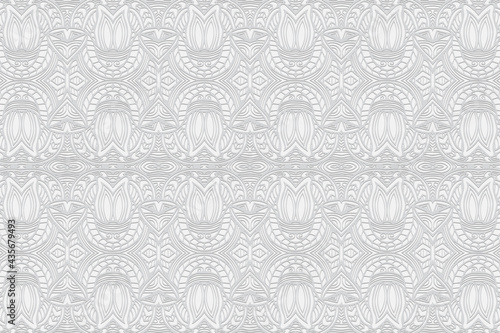 3D volumetric convex embossed geometric white background. Ethnic pattern with the exclusive national color of the peoples of India. Great ornament for wallpaper, website, textile, presentation.
