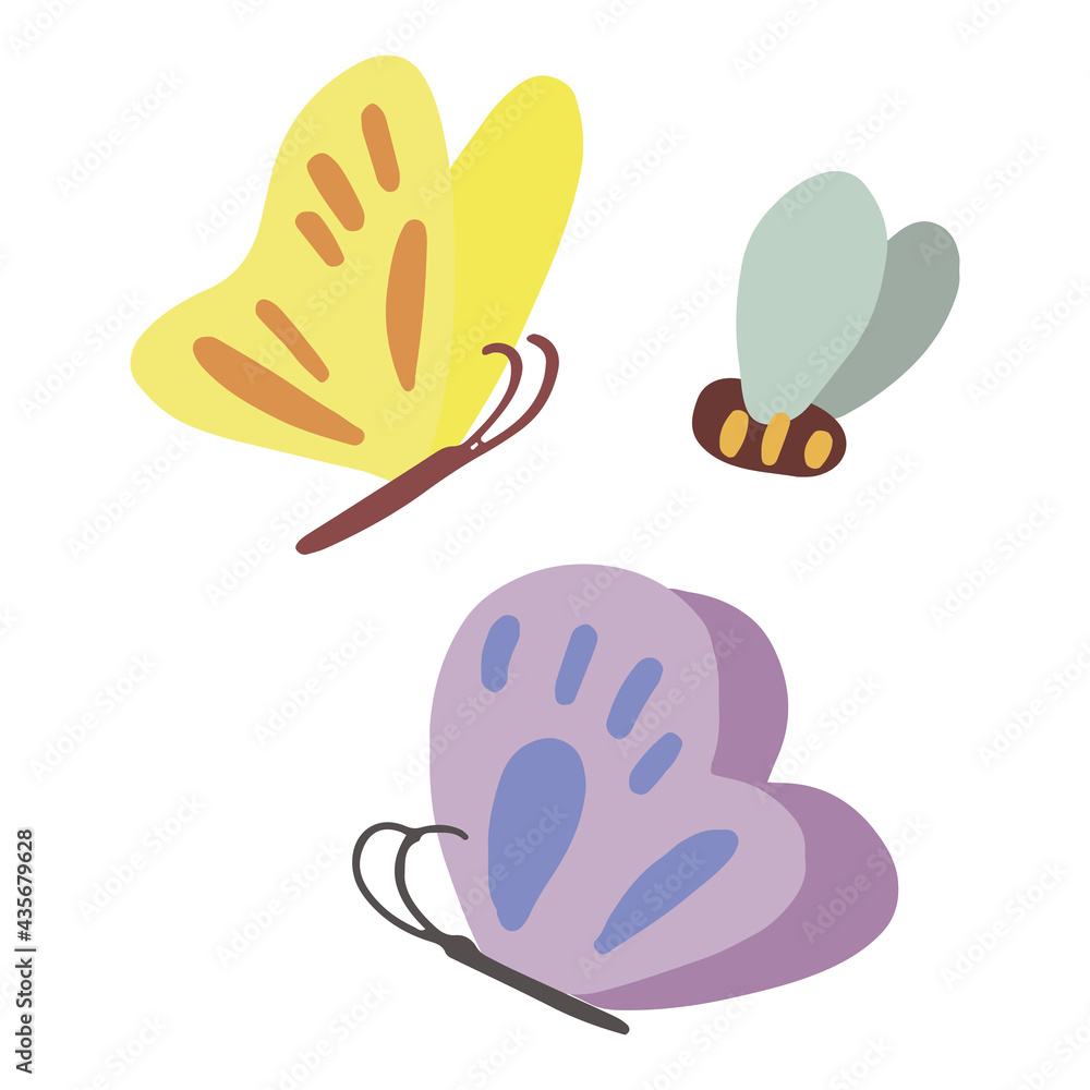 Doodles of butterfly and bee set. Collection of hand drawn vector illustrations. Colorful cartoon cliparts isolated on white background. Simple elements for design, print, decor, postcard, stickers. Doodles of butterfly and bee set. Collection of hand drawn vector illustrations. Colorful cartoon cliparts isolated on white background. Simple elements for design, print, decor, postcard, stickers.