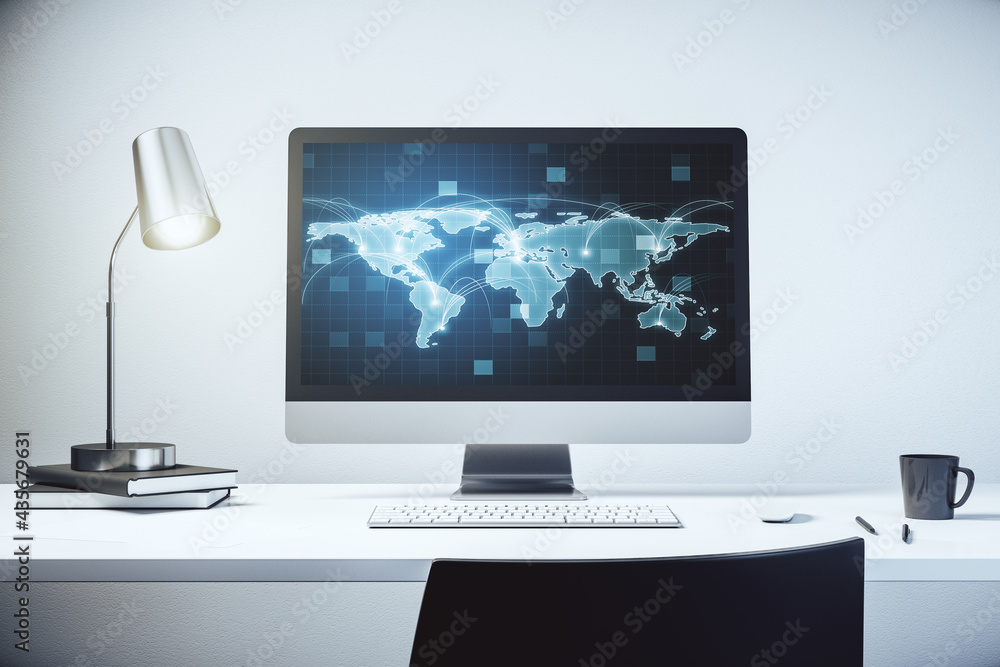 Fototapeta premium Computer monitor with abstract graphic digital world map with connections, globalization concept. 3D Rendering