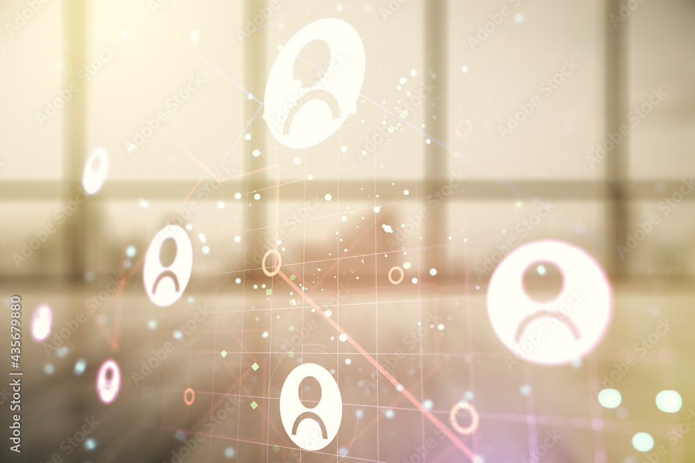 Abstract virtual social network concept on empty corporate office background. Multiexposure