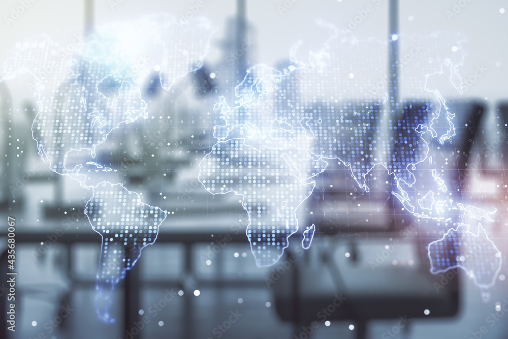 Fototapeta premium Multi exposure of abstract creative digital world map hologram on a modern furnished office background, tourism and traveling concept