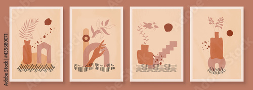 Modern Abstract Art Organic Illustration. Set of aesthetic bauhaus painting wall art for house decoration. Minimalistic canvas background design. Vector wall art shapes in boho style.