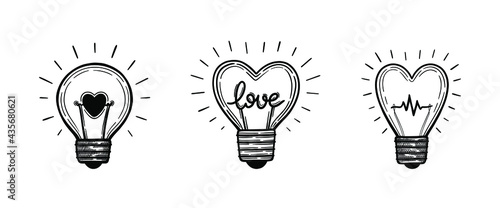 Vector set of lightbulb with heart, love text and heart beat line. Heart shaped light bulb. Hand drawn vector illustration. Love power concept.