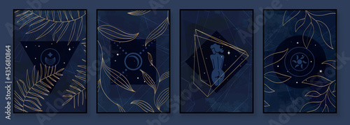 Abstract composition art with nude female silhouette and botanical leaves on dark blue background. Tidewater colors wall art decor. Boho style minimalistic background. Vector illustration.