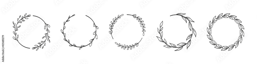 Laurels branches. Vector illustration of hand drawn wreaths. Doodle floral wreath frames