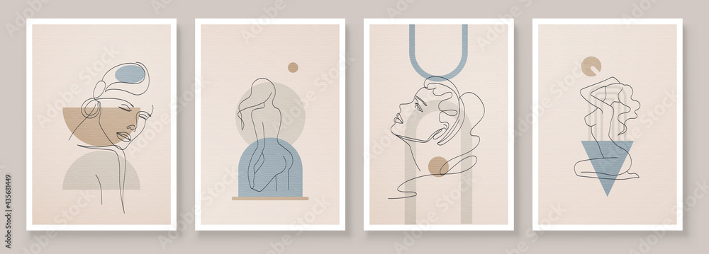 Abstract composition art with nude female silhouette in sunrise or sunset. Earth tones colors wall art decor. Soft color painting boho style background. Minimalistic background. Vector illustration. - obrazy, fototapety, plakaty 