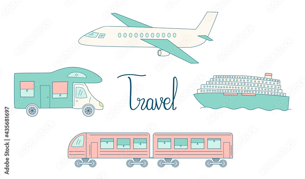 Tourist transport set. Airplane with train, cruise ship and trailer. Contour colored isolated objects doodle on a white background. Tourist transport set. Airplane with train, cruise ship and trailer. Contour colored isolated objects doodle on a white background.