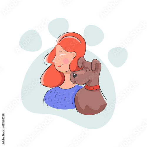 Girl hug dog. Female hugging puppy with love, pretty friendship of man and pet, handwriten flat sketch isolated on white background with halftone color elements, vector illustration