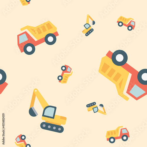 Wrapping paper - Seamless pattern of dump truck and excavator symbols for vector graphic design