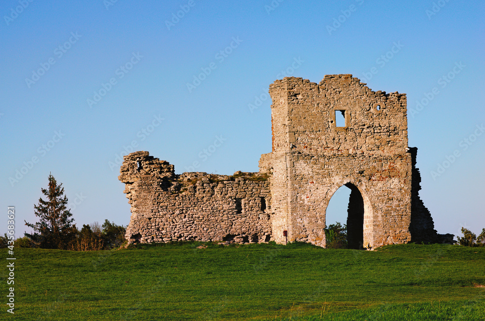 Close-up view of the ruins of main gate of Krements castle. Blue sky in the background. Mountain Bone in Kremenets, Ternopil province, Ukraine