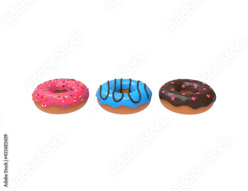 Donuts in chocolate with sprinkles, icing. 3D render model isolated white background.