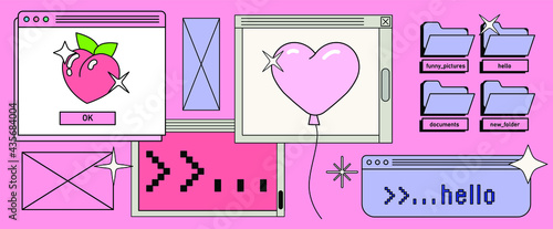 Retrowave style desktop with message boxes, terminal console window and user interface elements. Retro OS in vaporwave 80's vintage stylization.