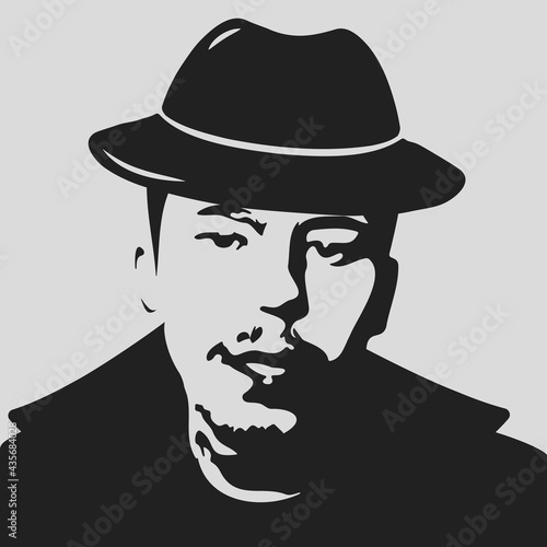 Silhouette portrait of a detective. Vector illustration of a guy in a hat.