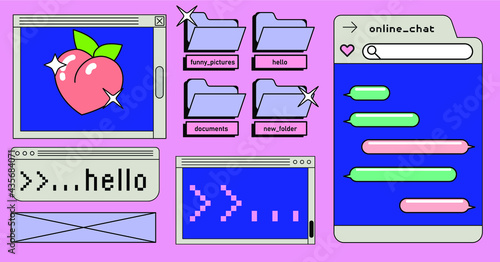 Retrowave style desktop with message boxes, terminal console window and user interface elements. Retro OS in vaporwave 80's vintage stylization.