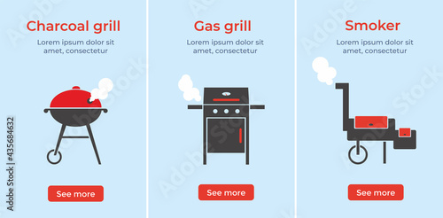 BBQ, grill, barbecue set. Different colorful isolated flat vector illustration. Charcoal kettle, gas and wood fired grills. Cooking steak. Frying and smoking meat. Grill online store. Picnic outdoor. 