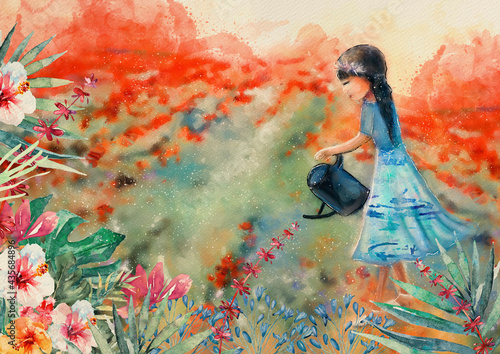 Summer in the garden. Watercolor background