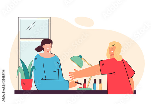 Woman doing manicure vector illustration. Young female character doing manicure in salon. Manicured nails. Woman hands. Beauty concept for banner, website design or landing web page