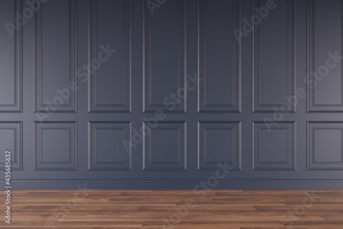 Mockup classic navy blue wall interior. Floor parquet. Digital illustration. 3d rendering