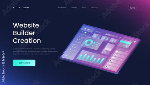 Website builder gradient 3d isometric vector illustration landing page template glass effect