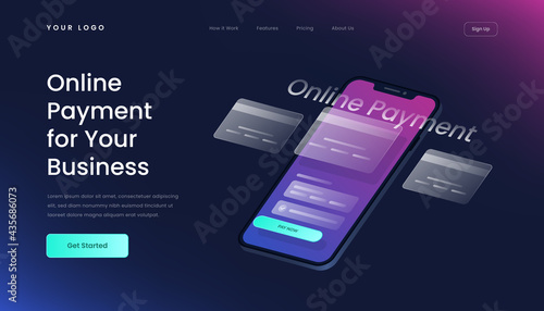 Online Payment for Your Business Landing Page Template with Gradient Background and Isometric 3d Vector Illustration glass effect