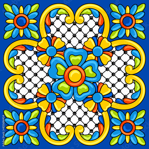 Mexican talavera ceramic tile pattern. Decoration with ornamental flowers. Background with mexican talavera pattern. Decoration with ornamental flowers.