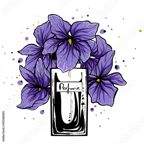 Perfume bpttle with violets around, color vector