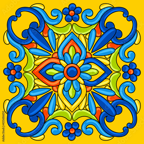 Mexican talavera ceramic tile pattern. Decoration with ornamental flowers. Background with mexican talavera pattern. Decoration with ornamental flowers.