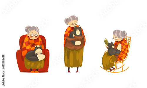 Lonely Old Happy Lady with Her Cat Set, Grandmother Stroking her Black Cat Cartoon Vector Illustration