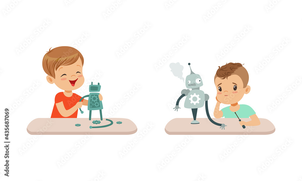 Cute Boys Creating Robot Models Set, Kids Building Robots, Hobby or Future Profession Concept Cartoon Vector Illustration Cute Boys Creating Robot Models Set, Kids Building Robots, Hobby or Future Profession Concept Cartoon Vector Illustration