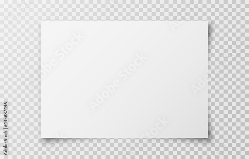 White realistic horizontal blank paper page with shadow isolated on transparent background. A4 size sheet paper. Mockup template for advertising, document, poster, brochure. Vector illustration