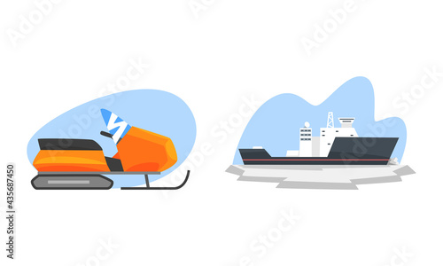 Arctic Explorer Set, Snowmobile and Ice Breaker, Polar Expedition Concept Cartoon Vector Illustration