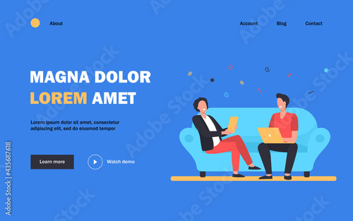 Happy men sitting together and using gadgets. Meeting of friends, pc, devices flat vector illustration. Communication, internet addiction concept for banner, website design or landing web page