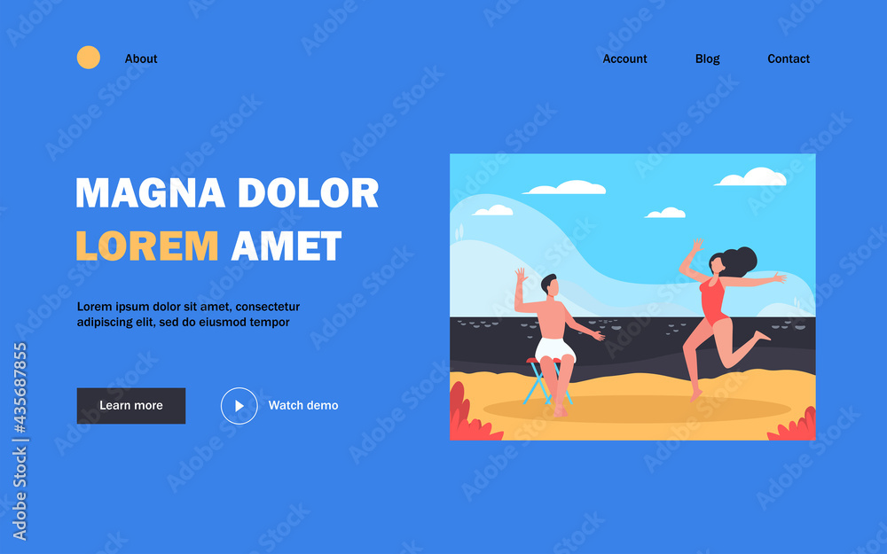 Joyful couple enjoying summer leisure time at sea. Seaside, water, nature, landscape flat vector illustration. Vacation, holiday, fun concept for banner, website design or landing web page Joyful couple enjoying summer leisure time at sea. Seaside, water, nature, landscape flat vector illustration. Vacation, holiday, fun concept for banner, website design or landing web page