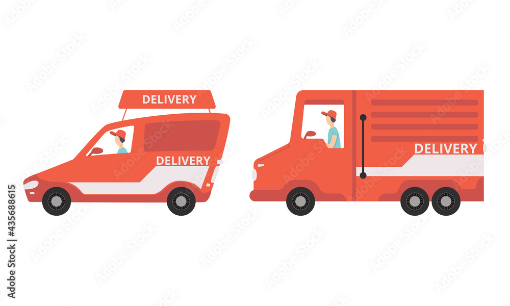 Delivery Transport Set, Side View of Red Van and Truck, Shipping Service Concept Cartoon Vector Illustration Delivery Transport Set, Side View of Red Van and Truck, Shipping Service Concept Cartoon Vector Illustration
