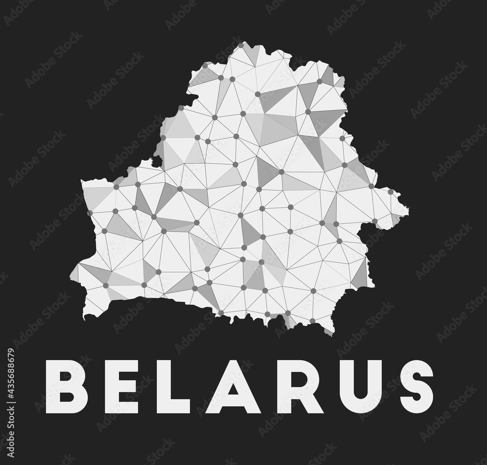 Belarus - communication network map of country. Belarus trendy geometric design on dark background. Technology, internet, network, telecommunication concept. Vector illustration. Belarus - communication network map of country. Belarus trendy geometric design on dark background. Technology, internet, network, telecommunication concept. Vector illustration.