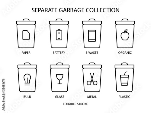 Separate garbage collection outline icon. Trash sorting. Save the planet. Customizable linear contour symbol