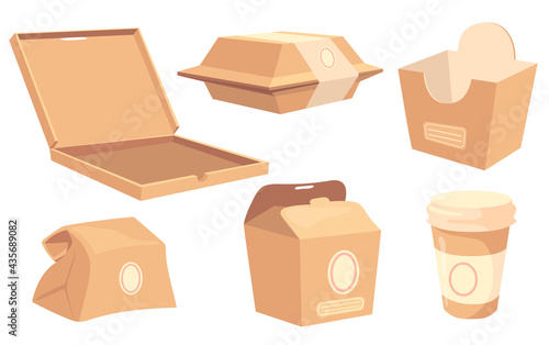 Set of cartoon boxes and containers for food and drinks. Vector illustration. Collection of cardboard packagings for pizza, sushi, burgers, coffee, Chinese and fast food. Product packing, food concept