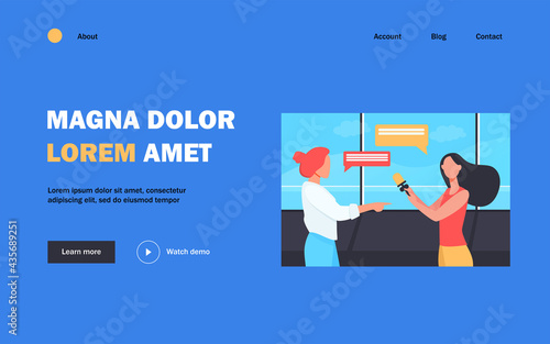 Reporter with microphone interviewing woman. Journalist, presenter, speaker flat vector illustration. Broadcasting, communication, tv concept for banner, website design or landing web page