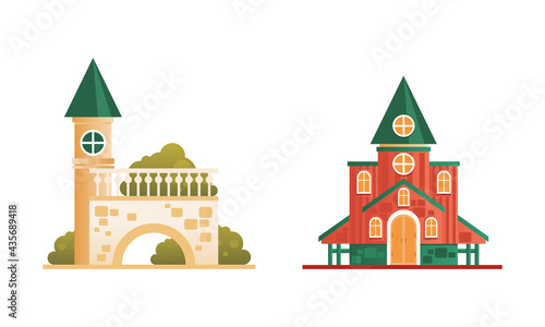 City or Suburban Buildings Set, Church Building Facades Flat Vector Illustration