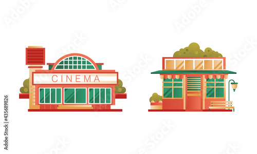 Public City or Suburban Buildings Set, Cinema and Shop or Cafe Building Flat Vector Illustration